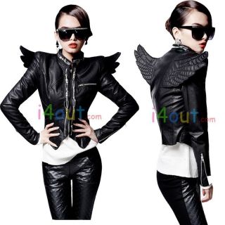Women 3D Back Angel Wings Punk Heavy Metal Slim Faux Leather Blazer
