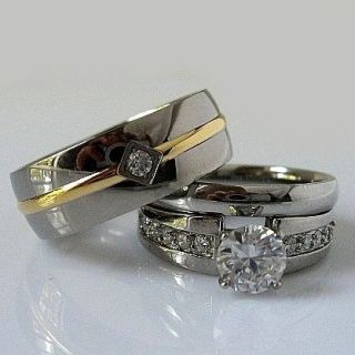 3pcs TITANIUM and STAINLESS STEEL Womens Engagement WEDDING RING SET