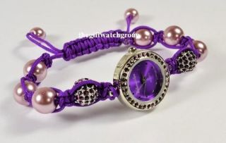 Ladies Purple Real Crystal Diamante Bling & Bead Cord Bracelet Watch