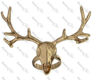 TOPSHOP gold plated STAG HEAD RING skull BIG ANTLERS deer PUNK,GOTH