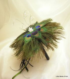 Peacock Feather Handtied Bridal Bouquet silver or gold Trim Wedding