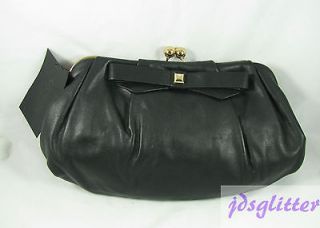 Black Genuine Leather Bow Clutch Handbag Purse with Gold Hardware NWT