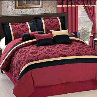 7PC Burgundy *Laviano* Flocking Comforter Set QUEEN Bed in a Bag