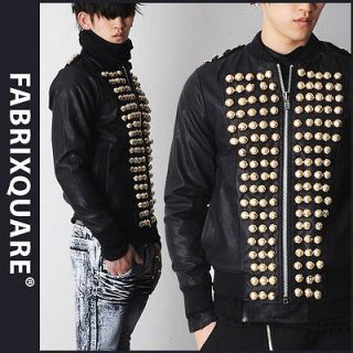 FX Homme Napoleon Gold Button Stadium Leather Jacket XS S Black