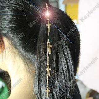 Chic Woman Gold Multi Cross Chain Hair Cuff Band Wrap Pony Tail Holder