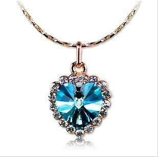 18K Rose Gold GP Swarovski Crystal Blue Ocean Heart Necklace C71