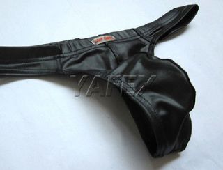 Mens Cozy Faux Leather Bulge Pouch Thong G string T back Shorts