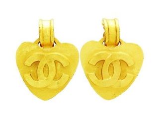 Authentic Chanel Vintage Gold Dangle CC Heart Logo clip on Earrings