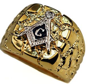 Masonic Mens Unique NUGGET Ring 18K yellow Gold Overlay size 9 BEA