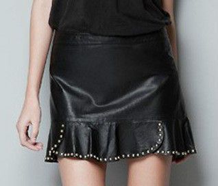 N16 New Autumn Women Joint Rivet Leather Tiered Short Mini Skirt BLACK