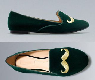 NWT Womens ZARA Green and Gold Velour Mustache Slipper, Size US 8/ EU