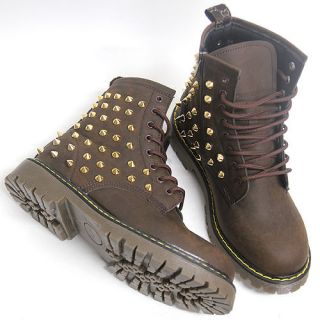 Mens Brown Gold Studded Spike Zip Combat Boots US6~11/ Mans Military