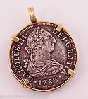 Spanish 2 Reales Carolus Pillar Piece of Eight Coin 14K Gold Pendant