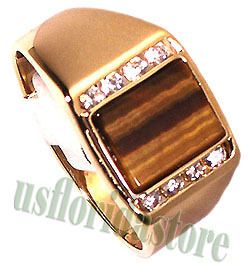 Mens Tiger Eye with CZ Stones 18kt Gold Plated Ring New