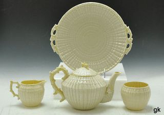 Exquisite 4 Pc Lot Belleek Teapot Creamer Sugar Bowl Serving Plate