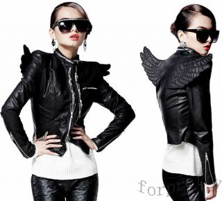 Womens Punk 3D Angel Wings Zips PU Leather Close fitting Motorcycle