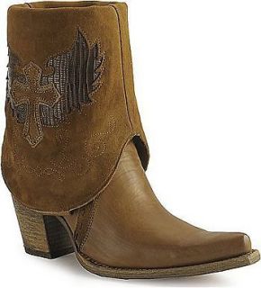 Womens Brown Leather Cuffed Cross Corral Boots with Lizard Wing Inlay