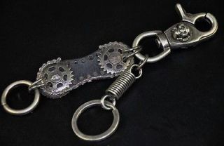 Designer Genuine Leather & Metal Key Ring Keychain 2 Gear Wheels Black