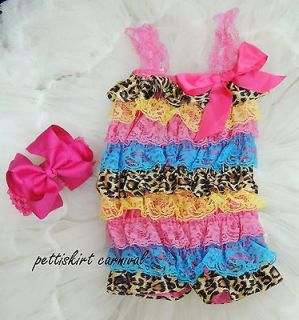 Hot Pink Blue Yellow Lace Satin Leopard Petti Posh Rompers Bow