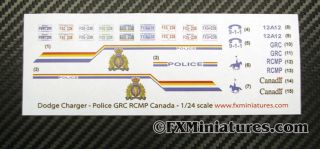POLICE GRC RCMP DODGE CHARGER WATERSLIDE DECAL 1/24 SCALE