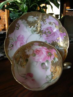 Vintage Hand Painted Nippon Jeweled Cup Saucer