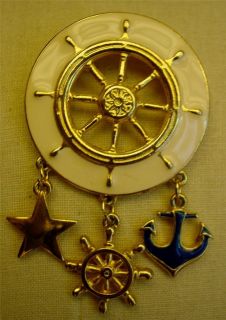 Enamel Nautical SHIP Wheel Dangling Anchor Star Gold Tone