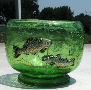 MOSER HARRACH CRACKLE ART GLASS VASE WITH ENAMEL FISH AND SEAWEED