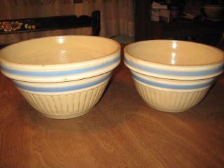 Antique Old Yellow Ware Blue Band Mixing Bowls