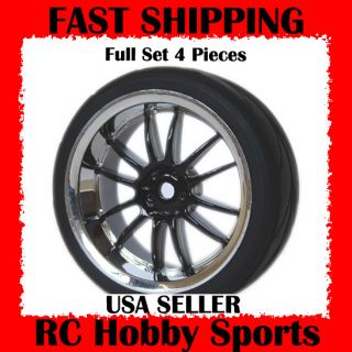 Black and Crome RC 4X Drift Tires and Rims Fits HPI Traxxas Ect