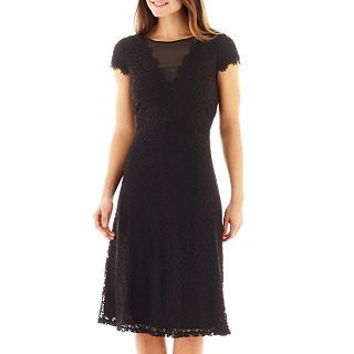 Melrose Short Sleeve Chiffon Inset Lace Dress, Blk