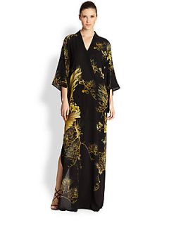 Roberto Cavalli Printed Silk Kimono Gown   Black Gold