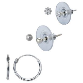 Sterling Silver 3 Pair Set of Cubic Zirconia Hoop Earrings   Silver