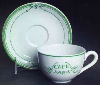 Bernardaud Cafe Paris Green Flat Cup & Saucer Set, Fine China Dinnerware   Resid