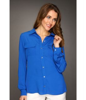 Calvin Klein Rib Knit Blouse Womens Long Sleeve Button Up (Blue)