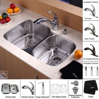Kraus KBU24KPF2210KSD30SN 32 inch Undermount Double Bowl Stainless Steel Kitchen Sink with Satin Nickel Kitchen Faucet and Soap Dispenser