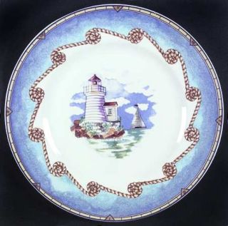 Fitz & Floyd Shore Lights Dinner Plate, Fine China Dinnerware   Blue Rim, Rope,