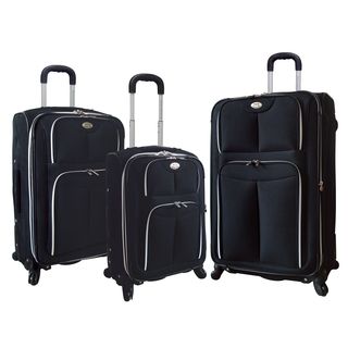 Travelers Club 3 piece Expandable Black Spinner Luggage Set (BlackMaterials 1200D polyester with EVA reinforcementPockets Two (2) front pockets, one (1) zippered pocket insideCarrying handle YesStrap NoWheeled YesWheel type SpinnerClosure ZipperLoc