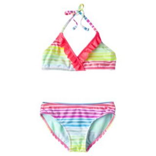Xhilaration Girls 2 Piece Halter Striped Bikini Swimsuit   Rainbow XS