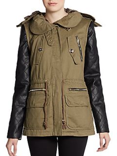 Cameron Quilted Faux Leather Sleeve Jacket   Olive Black