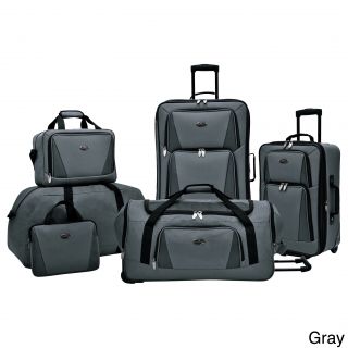 U.s. Traveler Palencia 5 piece Luggage Set (Red, blue, grey Materials Polyester, dobby trimTwo (2) large exterior zippered pocketsWeight Spinner upright (9.23 pound), rolling upright (6.15 pound), rolling duffel (4.3 pound), foldable duffel (1.74 pound)