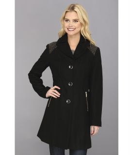 Kenneth Cole New York Zip Front Belted Wool Coat w/ Beads On Shoulder Womens Coat (Black)