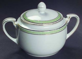 Heinrich   H&C Greek Key Green Sugar Bowl & Lid, Fine China Dinnerware   Green G