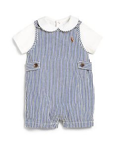 Ralph Lauren Infants Two Piece Bodysuit & Seersucker Shortall Set   Blue White