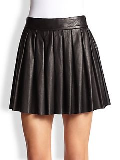 Alice + Olivia Pleated Leather Skirt   Black