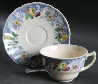 Royal Doulton Pomeroy Blue Multicolor Flat Cup & Saucer Set, Fine China Dinnerwa