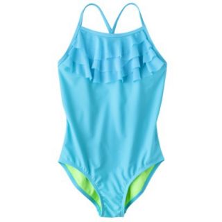 Xhilaration Girls 1 Piece Ruffle Swimsuit   Aqua L