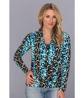 Anne Klein Leopard Print L/S Cowl Neck Top Womens Blouse (Blue)
