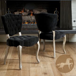 Christopher Knight Home Bates Tufted Black Fabric Dining Chairs (set Of 2) (BlackCarved weathered wood legsTufted back and seatSturdy constructionPlush seat cushion for maximum comfortSturdy hardwood frame for stability and years of use17.5 inch seat heig