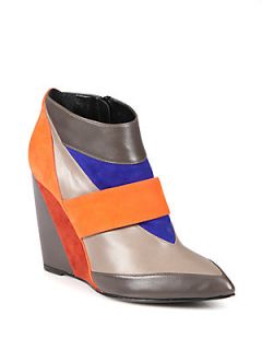 Colorblock Leather and Suede Wedge Ankle Boots