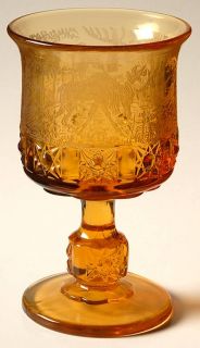 L G Wright Daisy & Cube Amber Etch Water Goblet   Amber, Pressed Glass, Etch